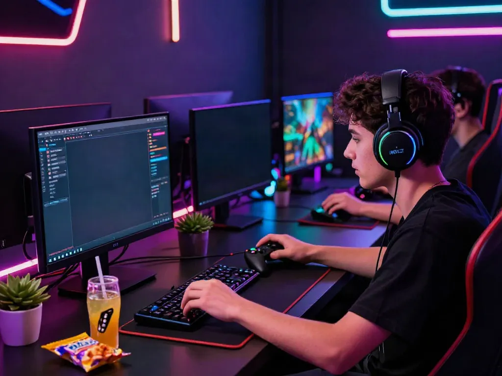 Gamer immersed in the NBET gaming platform, showcasing vibrant tech setup and engaging atmosphere.