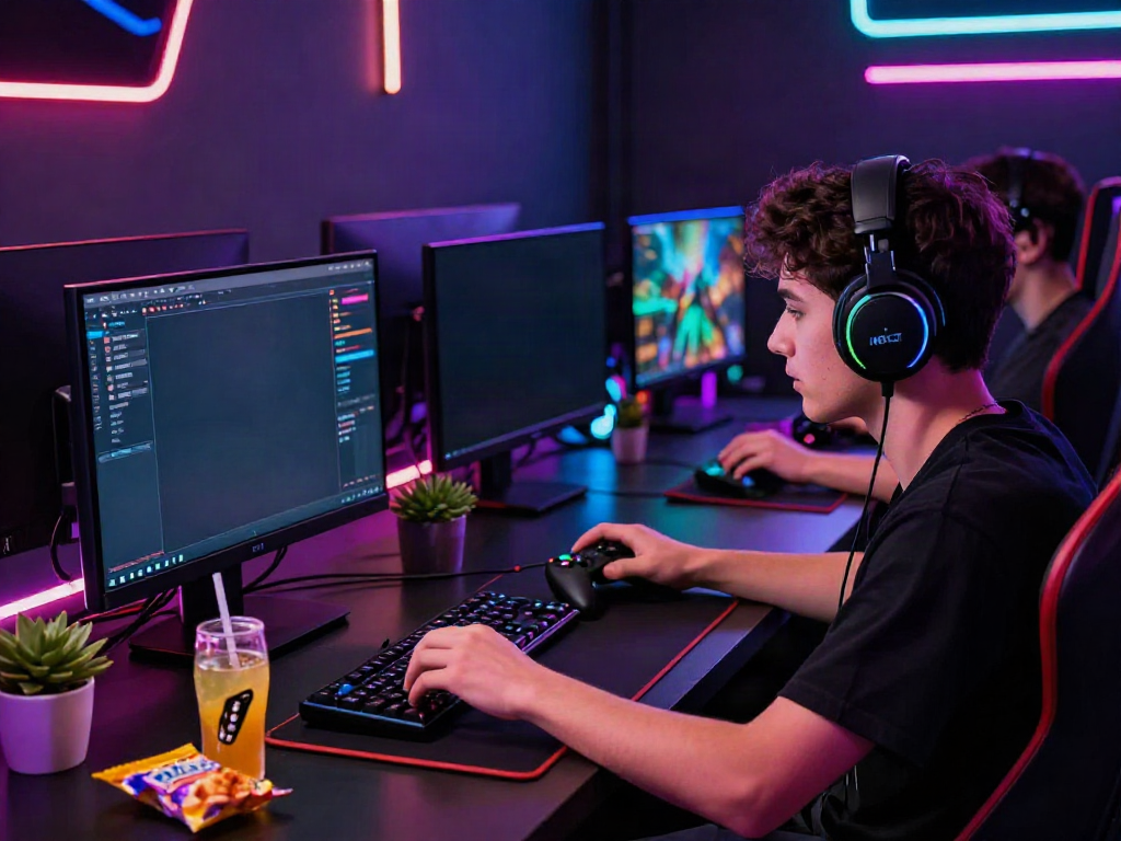 Gamer immersed in the NBET gaming platform, showcasing vibrant tech setup and engaging atmosphere.
