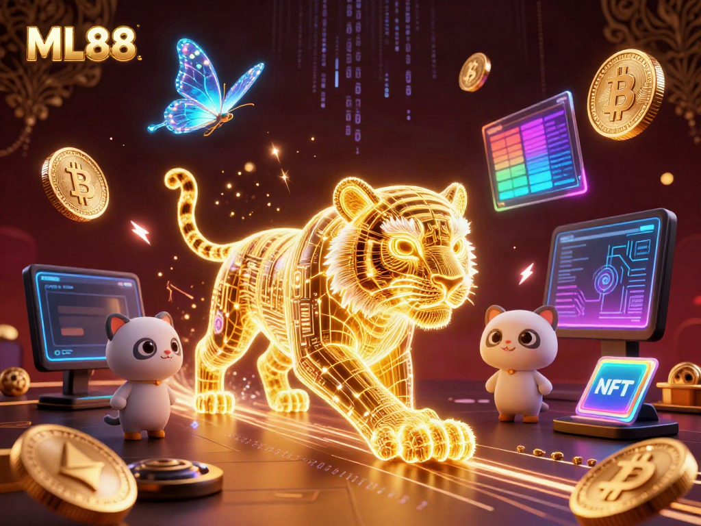 Engage in thrilling gameplay at ML88, surrounded by dynamic 3D casino elements and vibrant digital art.