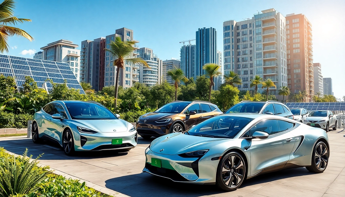 Innovative Elektroautos cruising through a modern city, symbolizing the future of sustainable transport.