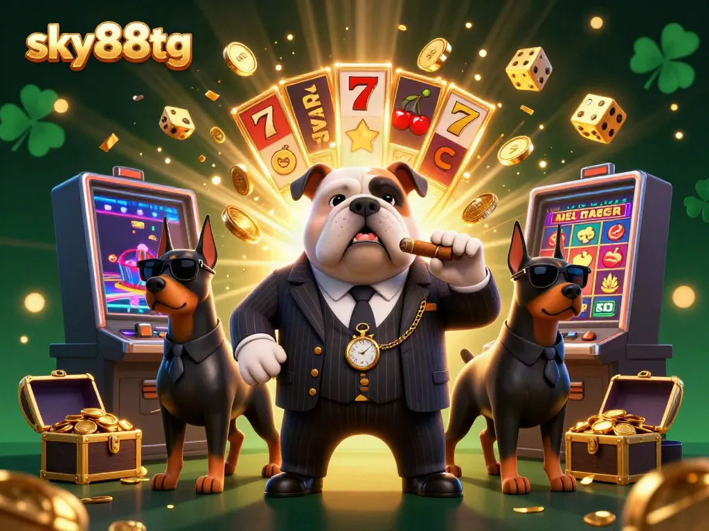 Experience thrilling wins at sky88tg with a 3D mafia-style casino scene bursting with excitement.