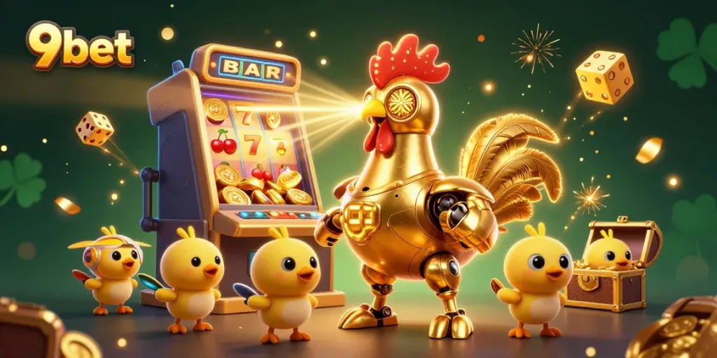 Engage with 9bet's thrilling casino experience, showcasing dynamic characters amidst vibrant gaming elements.
