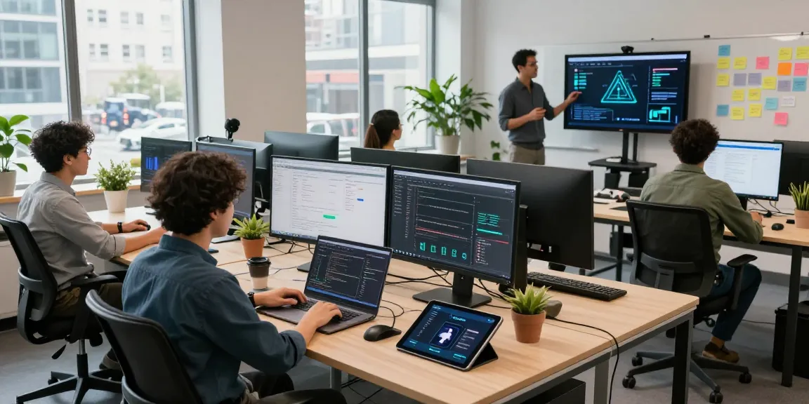 Build internal tools with AI in a collaborative tech workspace, showcasing developers coding and collaborating.