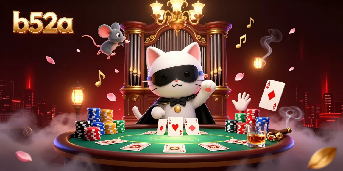Join the excitement with b52a at this vibrant casino scene featuring a white cat and a mouse acrobat.