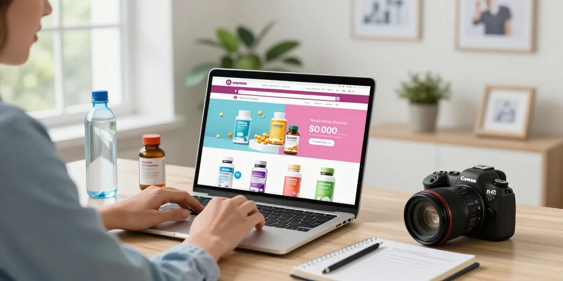 Durchsuchen der Medi Pharma Shop-Website mit lebhaften Gesundheitsprodukten in einem modernen Home Office.