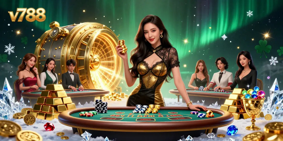 Play high-stakes baccarat at v788, featuring glamorous players and golden treasures.