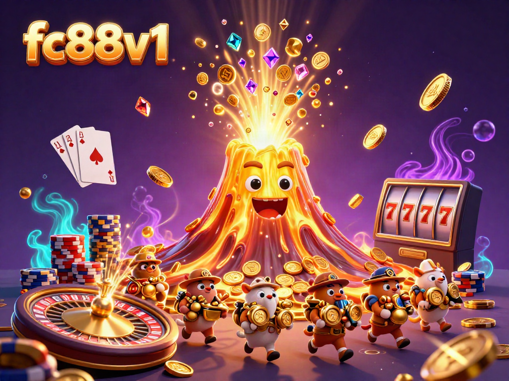 Join the excitement at fc88v1 as a golden volcano erupts treasures with lively explorer animals in this vibrant casino scene.