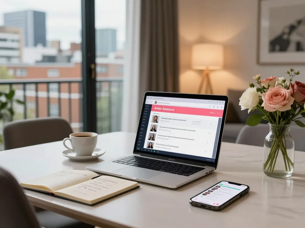 Effortless airbnb management london scene with a property owner optimizing guest bookings in a stylish apartment.
