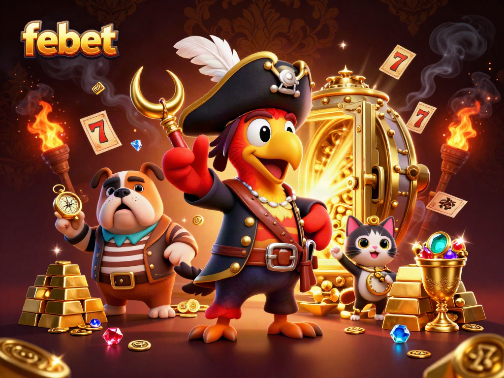 Experience febet with pirate-themed online gaming action featuring vibrant characters and treasure.