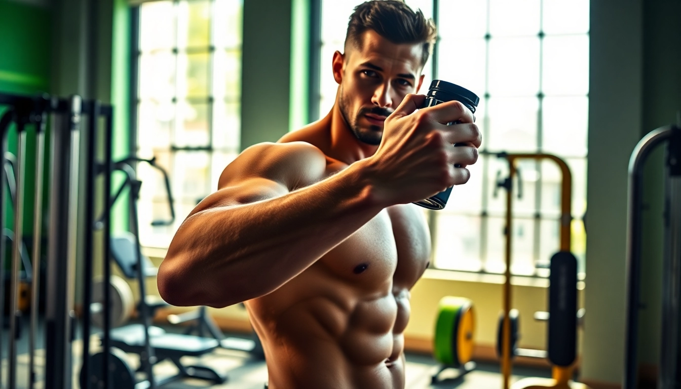Proviron kaufen Fitnessmodel demonstriert Übungen in einem hellen Gym.