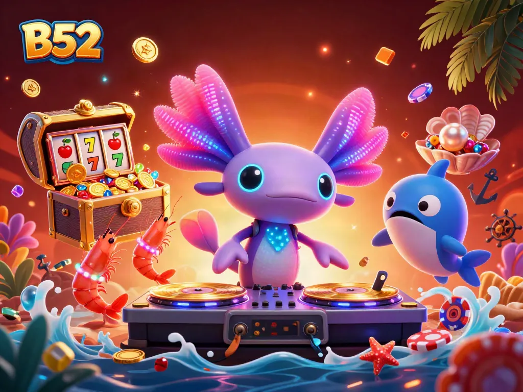 B52 casino illustration showcasing a neon axolotl DJ with vibrant slots and treasures, emphasizing fun and excitement.