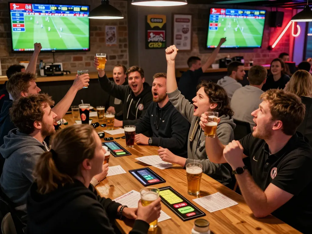 GO8 football fans celebrating live betting excitement during Bundesliga match.