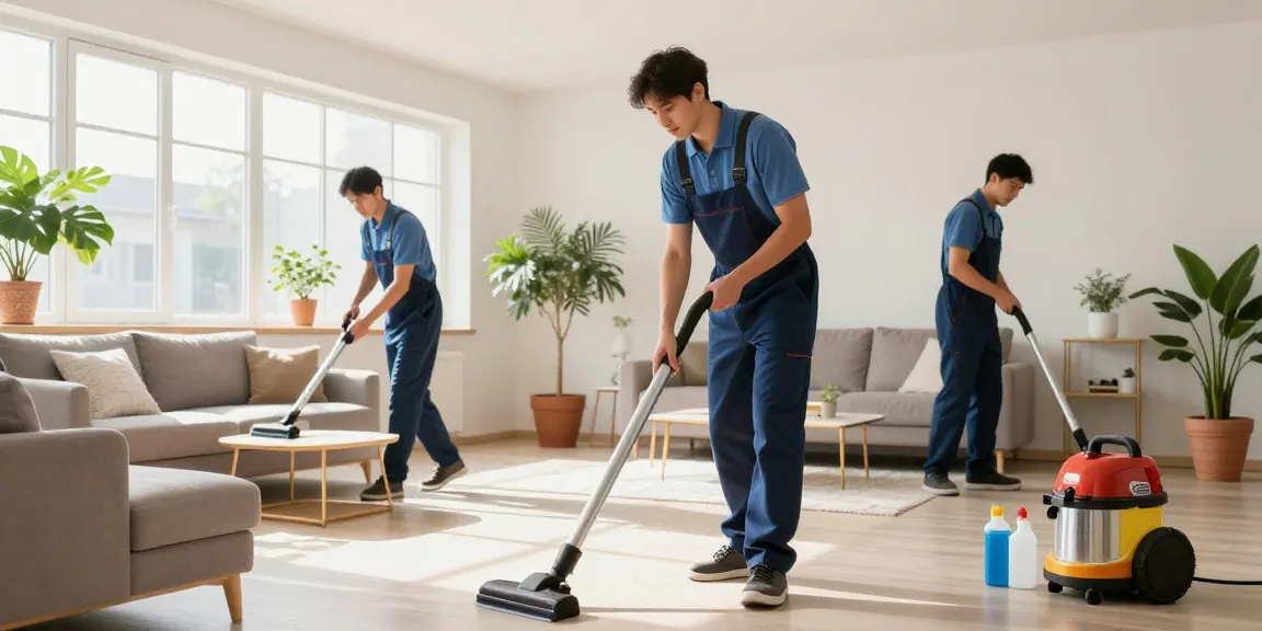 Professioneller Reinigungsservice von einer Reinigungsfirma Solothurn in einer hellen Wohnung, der ein Teammitglied zeigt, das gründlich reinigt.