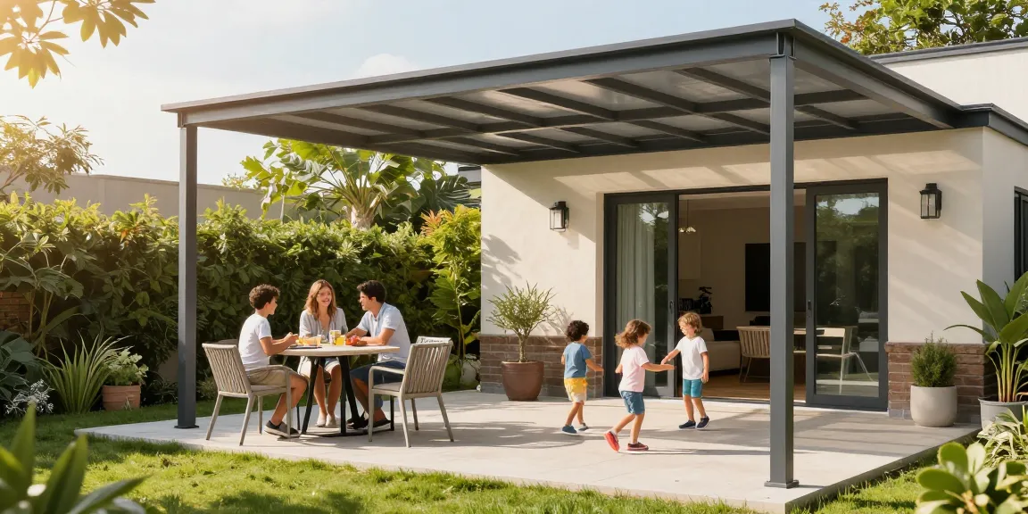 Moderne Terrassenüberdachungen in einem einladenden Garten mit einer Familie, die zusammen Zeit verbringt.