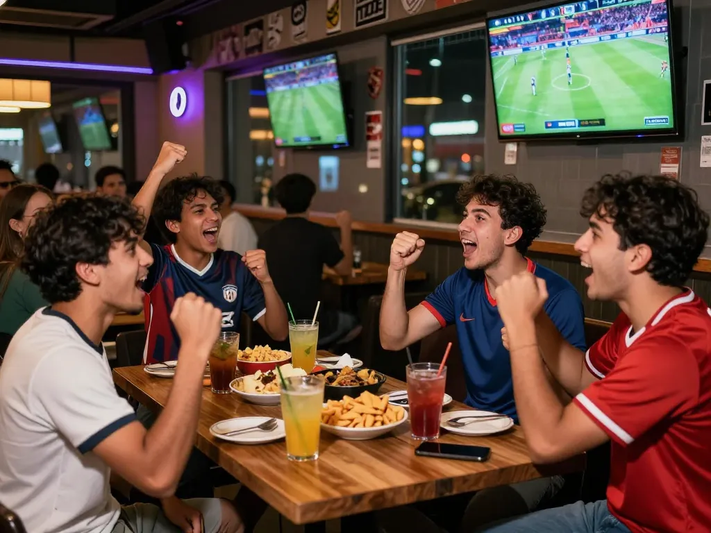 Friends enjoying a lively Judi Bola betting experience at a sports bar with celebratory drinks and live match screens.