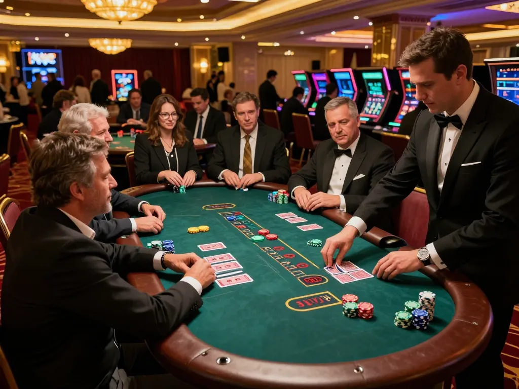 Players engaging in blackjack strategy at https://go8.onl/ casino table, colorful chips and dealer in action.