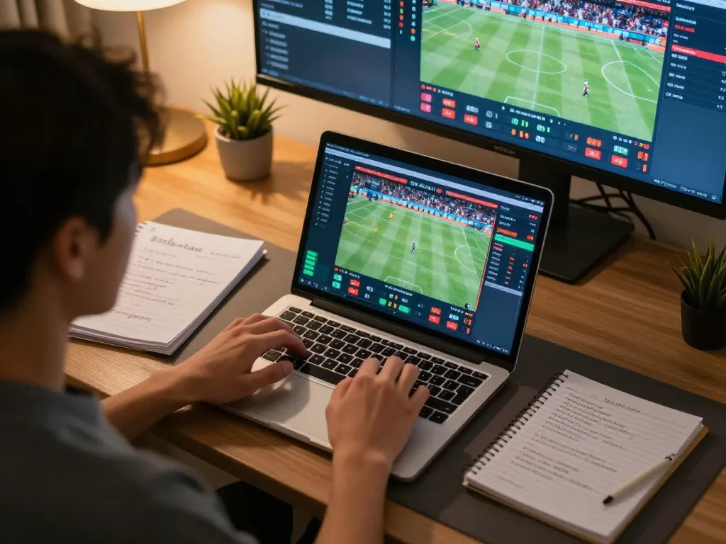 Engaging in sports betting using keo nha cai with strategic notes and live odds on laptop.