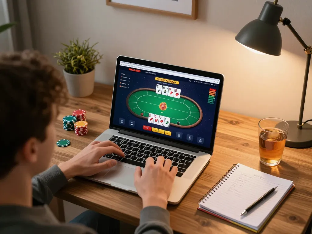 Engage with HELLO88 online poker gameplay, showcasing a player analyzing cards with strategic focus.