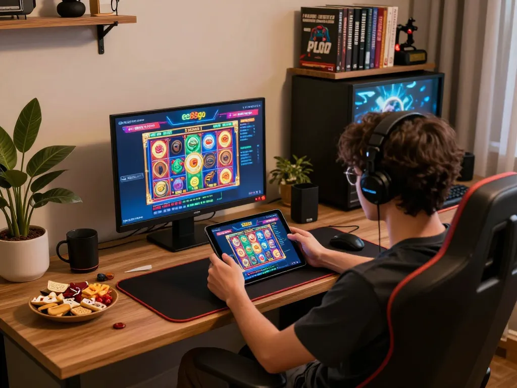Person enjoying online gambling at ee88go on a tablet in a cozy, stylish room.