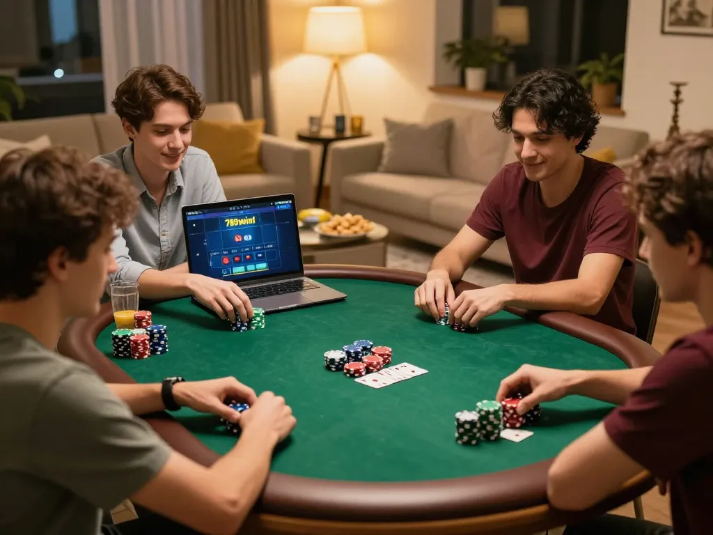Friends playing poker online at home, using 789winf platform for an exciting game night