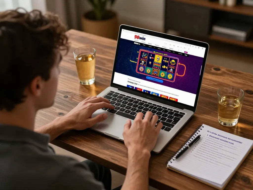 Player exploring games on link 98win website from a cozy home office, emphasizing an engaging online gambling experience.
