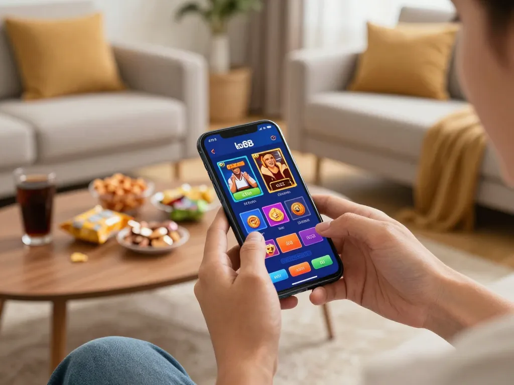 Player enjoying the app lc88 on smartphone in a cozy living room during online gaming.