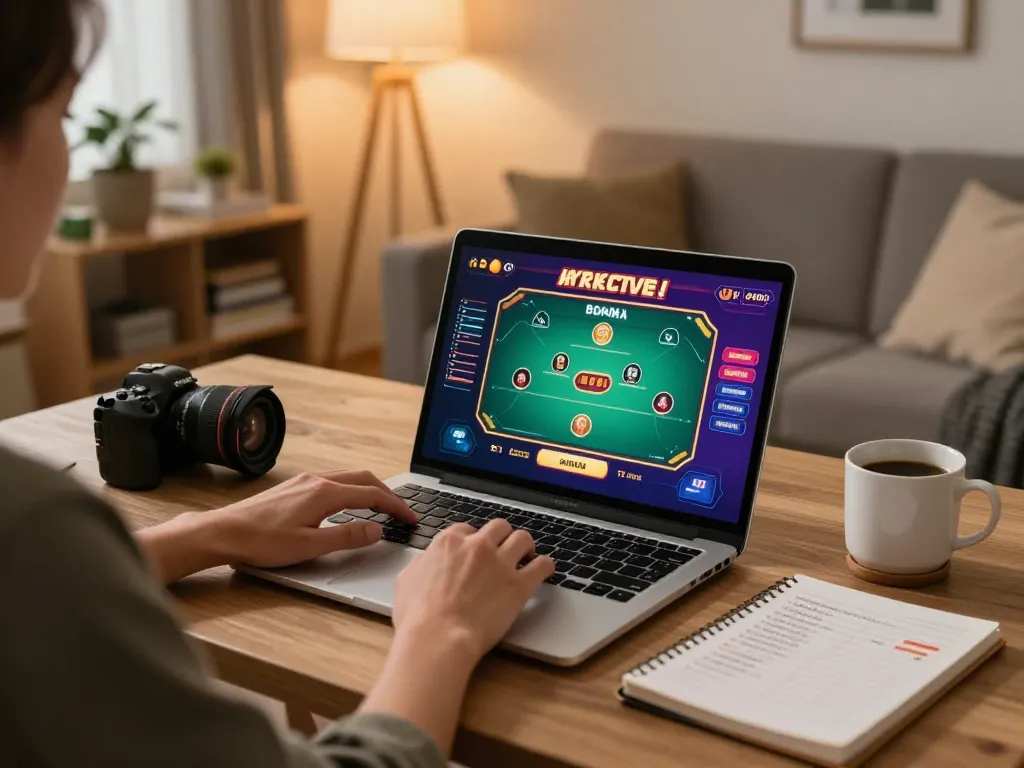 Kkwin user playing online casino poker at home with laptop and notebook, showcasing strategic gaming.