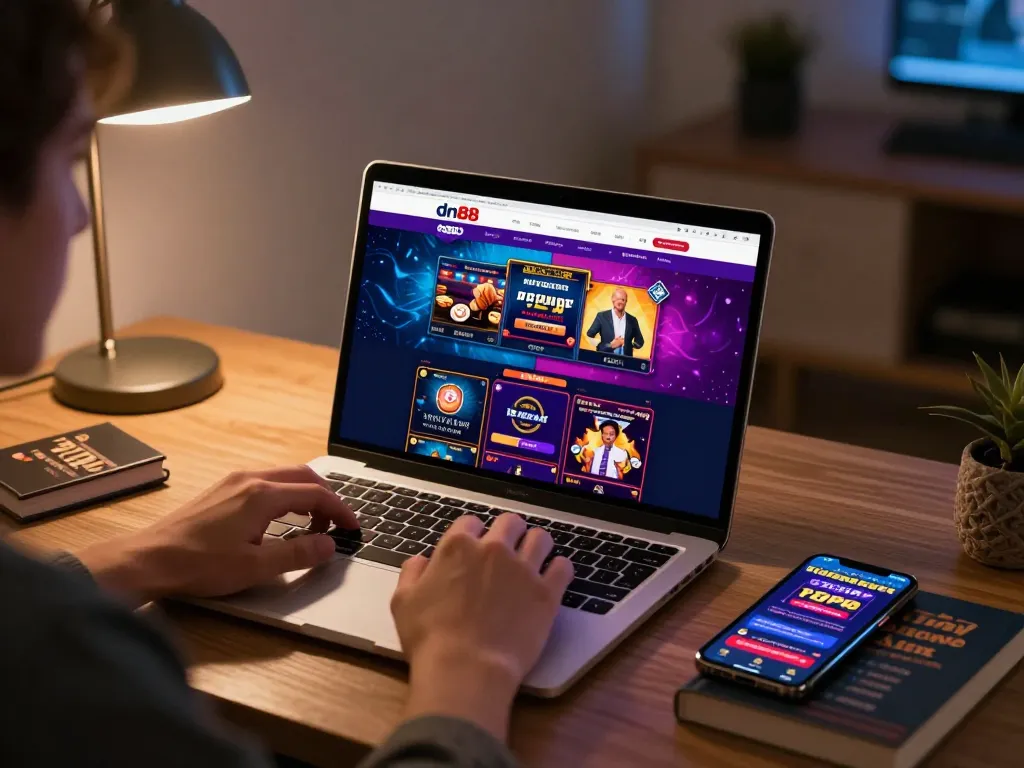 Player engaging with dn88 casino platform during an online gaming session, surrounded by strategy books and a smartphone app