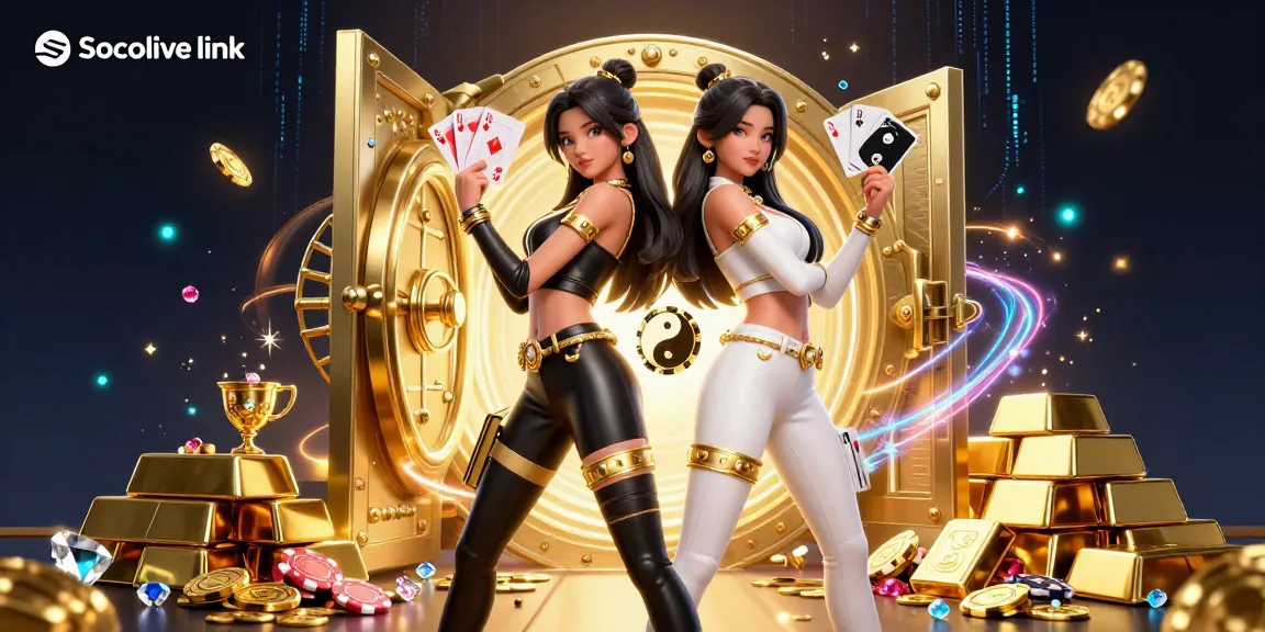 Engage with Socolive link as stunning Asian women hold playing cards amid an energetic casino scene with gold treasures.