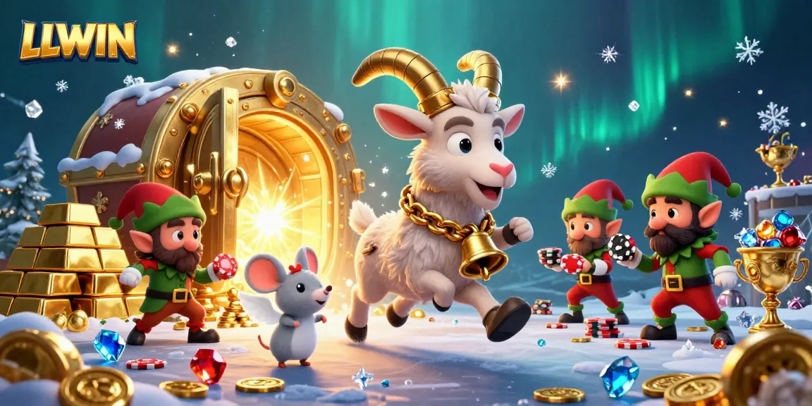 LLWIN casino scene featuring a playful Krampus and whimsical characters in a festive atmosphere.