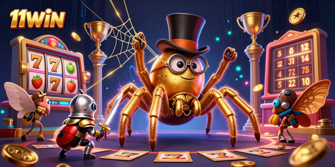 Join the excitement of 11WIN as characters engage in thrilling slot action amidst a vibrant casino backdrop.