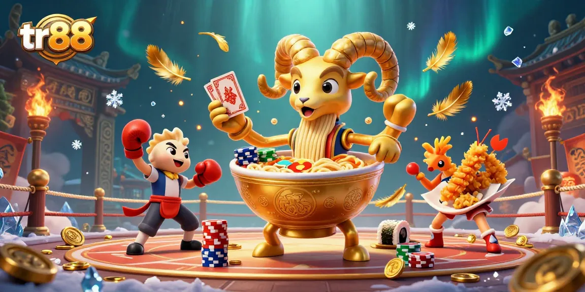 Engage with tr88's vibrant gaming experience featuring a golden ramen bowl character amidst a dynamic casino scene.