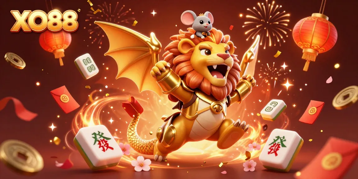 Experience thrilling excitement at XO88 Casino with a dynamic 3D illustration of a roaring chimera and vibrant gaming elements.