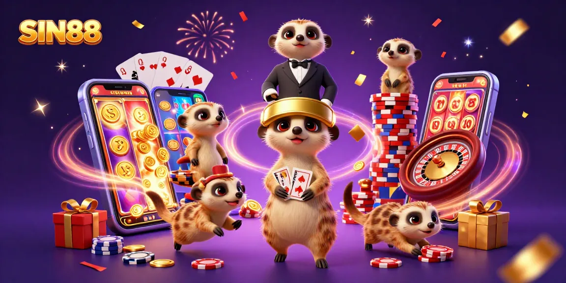Experience the excitement of SIN88's dynamic casino illustrated with playful meerkats and vibrant gaming elements.