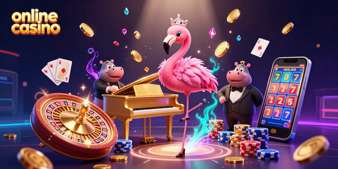 Experience the excitement of an online casino with a flamingo singer, hippo bassist, and vibrant game elements.