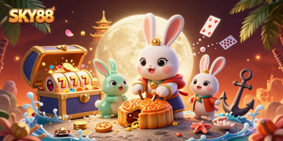 Play at SKY88 with a whimsical illustration of a moon rabbit revealing poker chips among golden mooncakes.