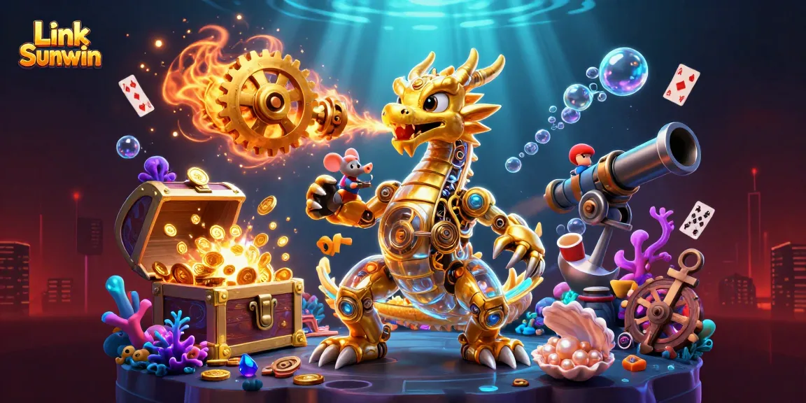 Engage with Link Sunwin's immersive gaming world featuring a biomechanical dragon and treasure elements.