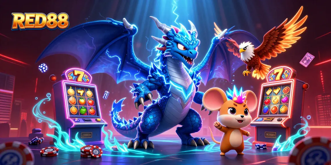 Engage with RED88 while spinning slot machines and enjoying dynamic casino excitement in this colorful 3D scene.