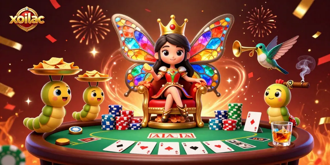 Experience the excitement of xoilac as the butterfly queen oversees a lively poker table full of chips and celebrations.