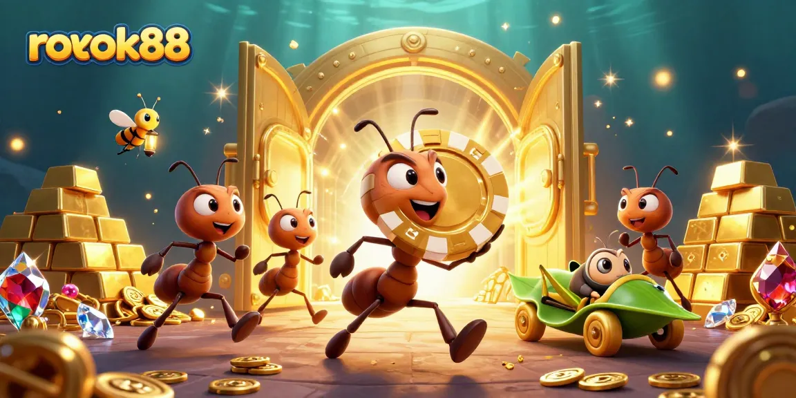 Ants executing a heist for a giant poker chip at rokok88, illuminated by a vault's gold light.