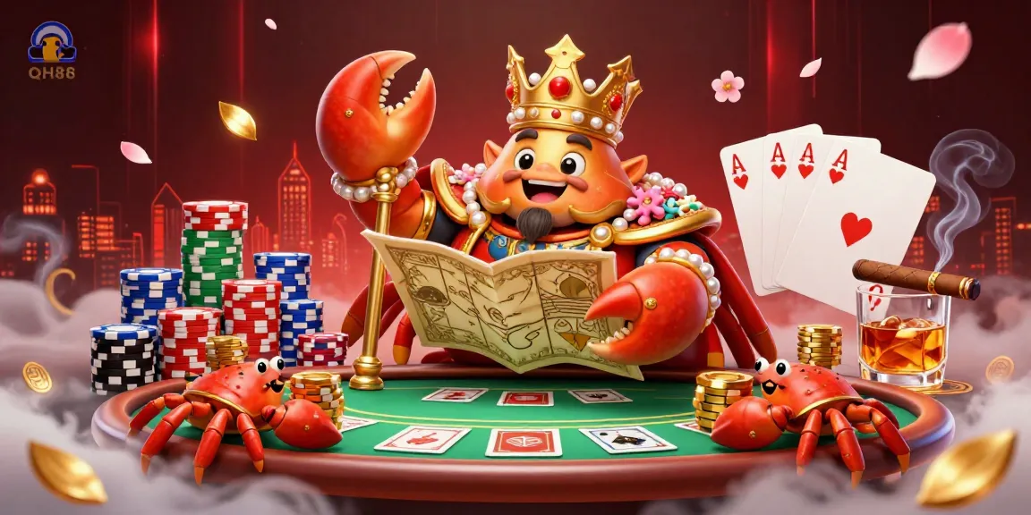 Engage in thrilling gaming adventures with QH88's vibrant casino experience, showcasing a golden crab emperor and poker elements.