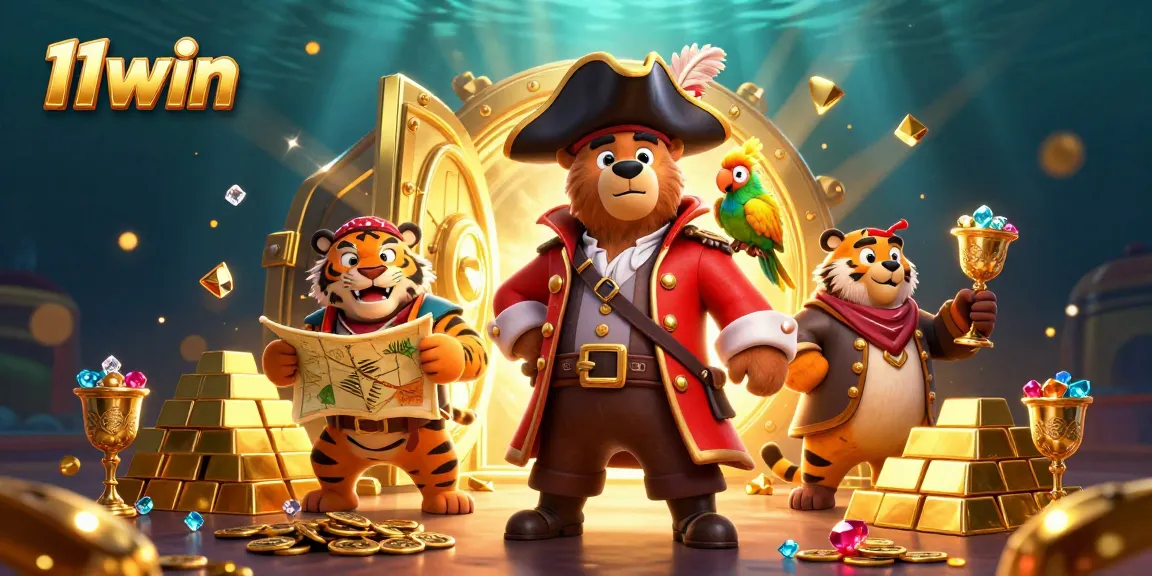 Engage with the 11win casino experience featuring a pirate bear and treasures in vibrant 3D illustration.