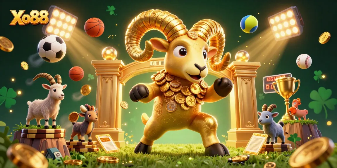 Xo88 showcases a lively 3D scene of a golden ram charging past sporting elements, emphasizing vibrant gambling excitement.
