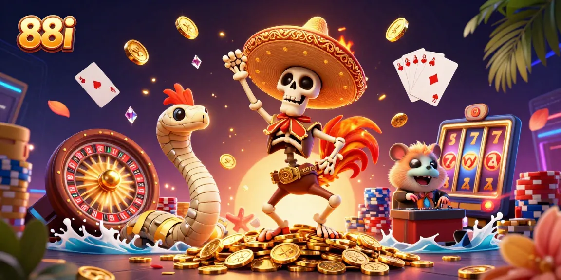 Experience the excitement of 88i with a vibrant casino scene featuring a lively skeleton rooster dancer.