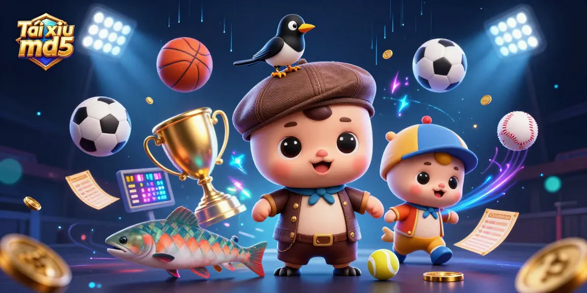Engaging action with Tài xỉu md5, dynamic sports elements, and vibrant characters in a casino-themed scene.