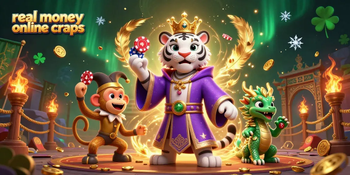 Engage in real money online craps with an animated scene featuring a royal tiger, jester monkey, and jade dragon.