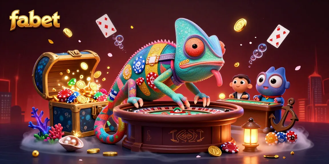 Engage with fabet in this dynamic scene featuring a chameleon casino owner amidst treasures.