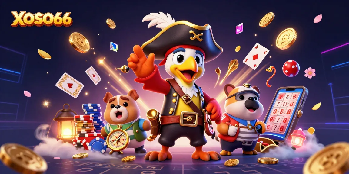 XOSO66 showcases an engaging lottery-themed scene with a vibrant pirate captain and friends, celebrating wins.