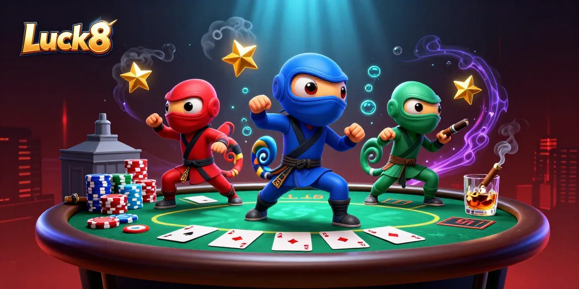 Luck8 thrills with a ninja chameleon team showcasing poker action and vibrant casino elements.