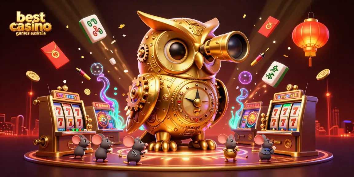 Engage with the best casino games Australia through a vibrant 3D illustration showcasing a golden owl and casino elements.